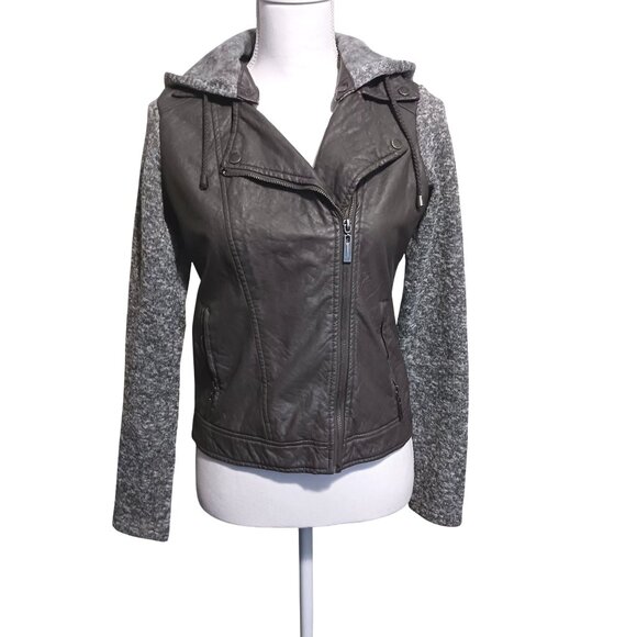 JouJou Gray Vegan Leather Hooded Moto Jacket Biker Style Layered Look, Juniors S - Picture 1 of 14